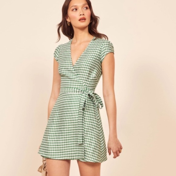 Reformation Dresses & Skirts - Reformation Rodin Linen Mini Dress Green Gingham Plaid Wrap Dress Medium